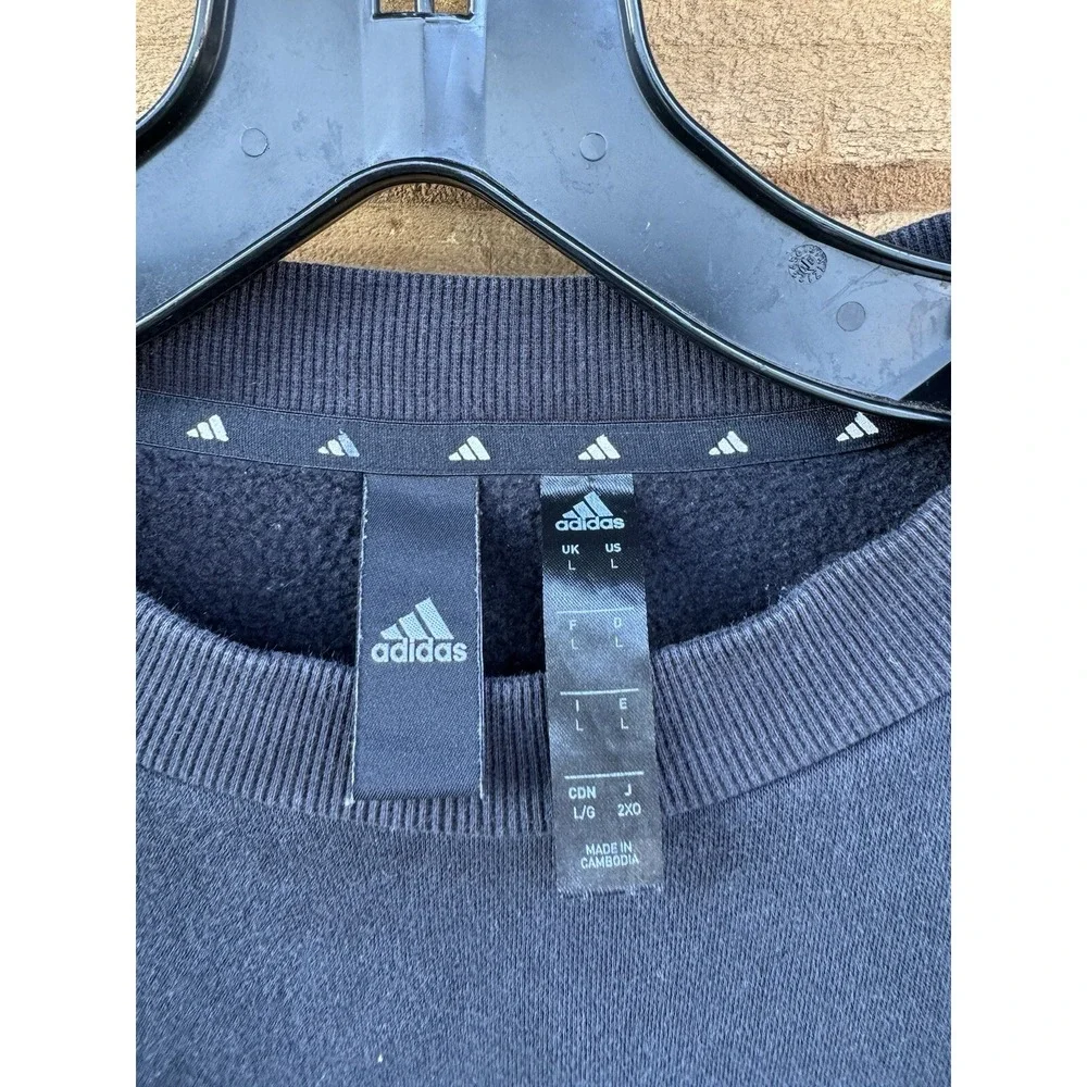 Adidas Three Stripes Black Sweatshirt With White Logo Words On Sleeves Size Larg
